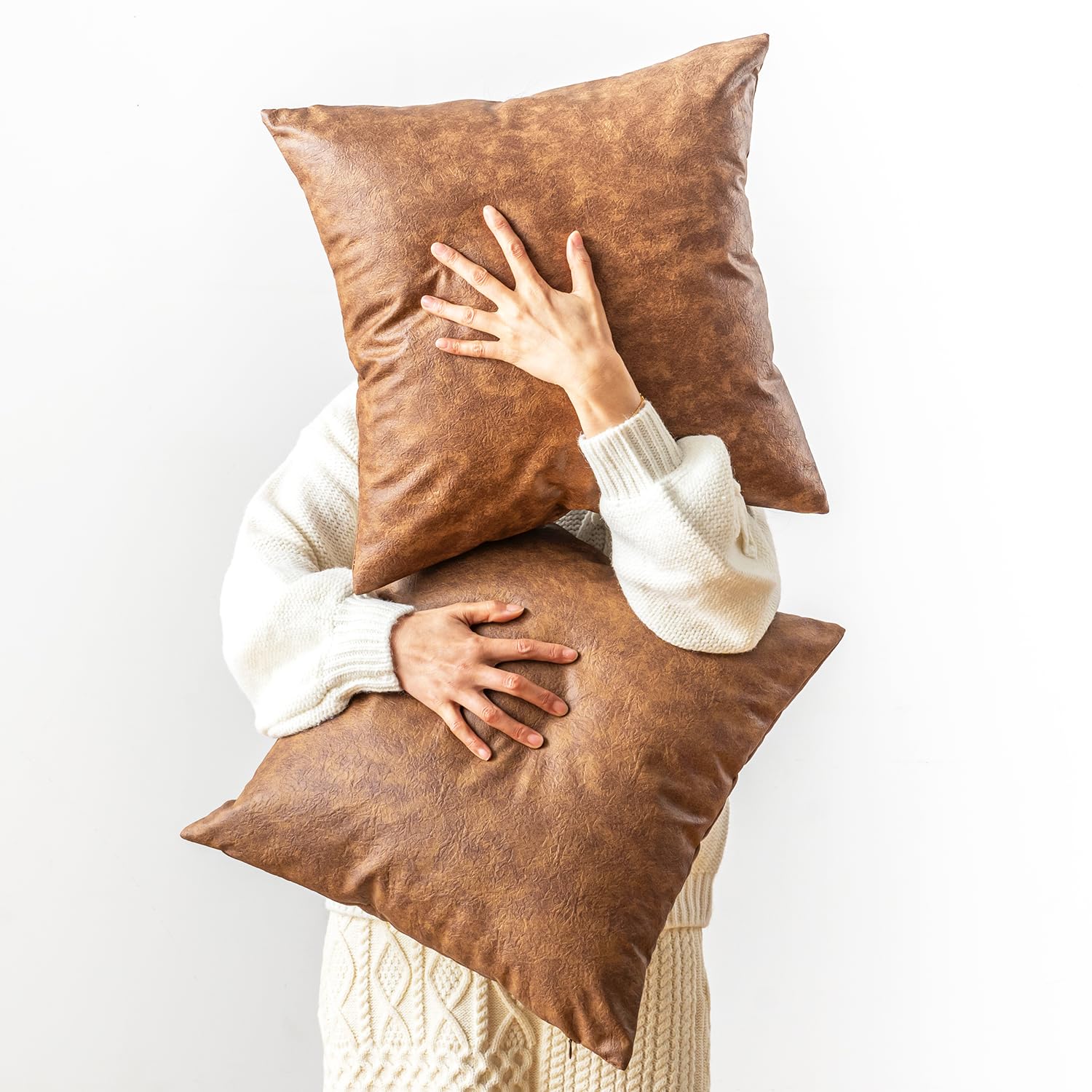 GEGELICA Leather Throw Pillow Covers Pack of 2 Brown, Modern Boho Thickened Floor Decorative Pillow Covers, for Home Decor Outdoor Waterproof Pet Hair Resistant Abrasion Cushion Cover 20x20 inch.
