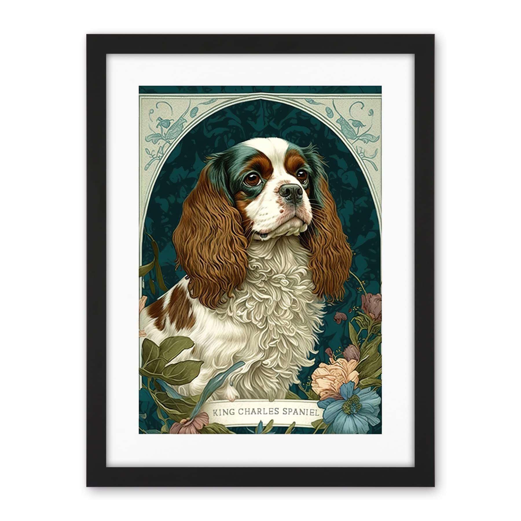 Artery8 King Charles Spaniel Dog with Flower Blooms Modern Art Nouveau Illustration Artwork Framed Wall Art Print 18X24 Inch