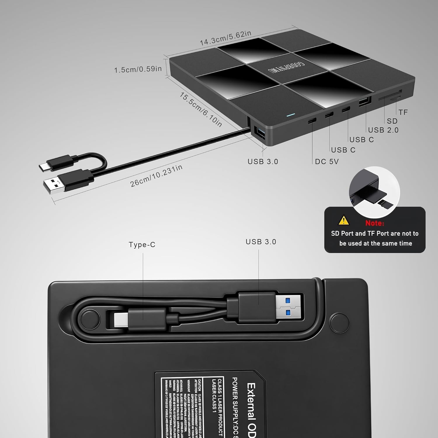 5-in-1 USB C External DVD Drive with SD/TF Card Reader and 2*USB Compatible for MacBook Pro/Air, Dell, HP, Lenovo Laptops, Ultra Slim (2in1)