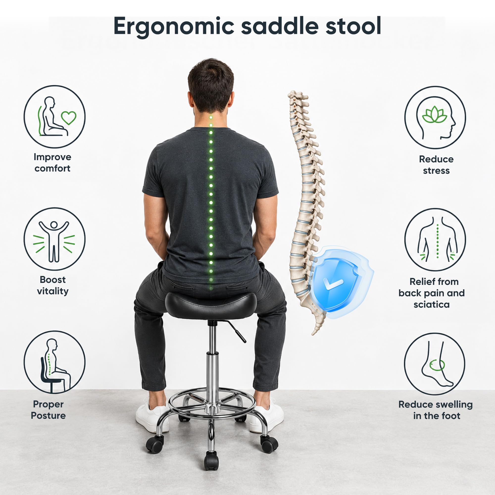 Sattelhocker mit Rollen, Sattelstuhl Ergonomisch Höhenverstellbar 48-57cm, 150kg Belastbarer Rollhocker mit PU-Leder Sitz & Gaslift, für Friseur Massage Praxis Büro Zuhause
