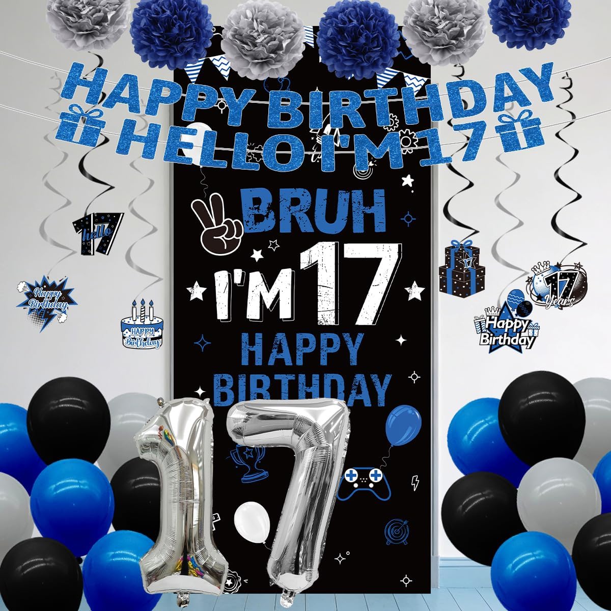 17th Birthday Decorations for Boys Girls 37PCS Blue Black Bruh I'm 17 Happy 17th Party Decorations Backdrop, Banner, Hanging Swirls, Pompoms, Balloons, Cheers to 17 Years Seventeen Bday Party Supplies