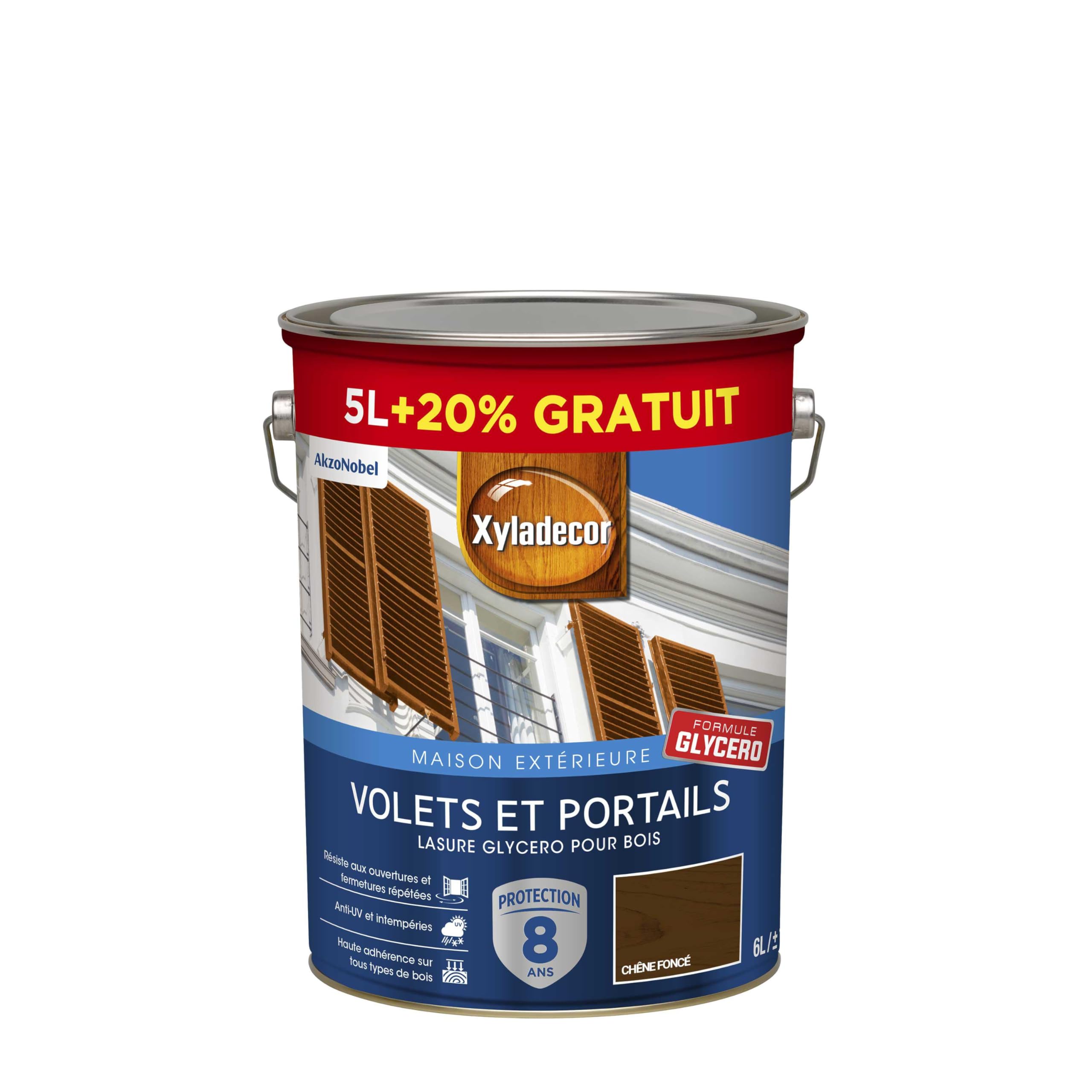 Xyladecor - Lasure Protectrice pour Bois Extérieur Glycéro - Volets, Portails, Portes, Fenêtres - Couleur : Satin Chêne Fonce - Quantité : 5L plus 20% gratuit