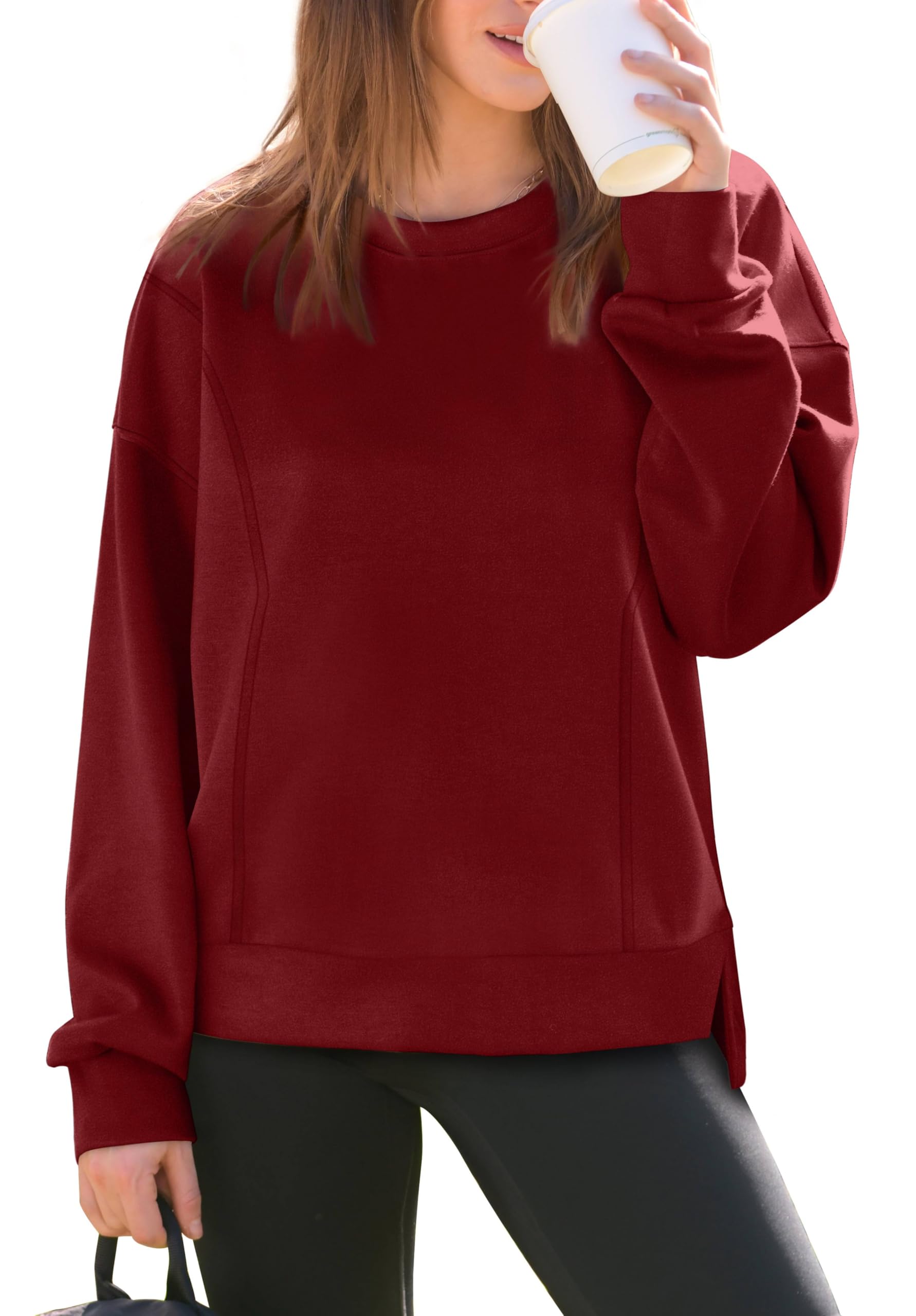 OFEEFAN Crewneck Sweatshirts for Women Fall Long Sleeve Shirts Side Slit Tops Loose Fit
