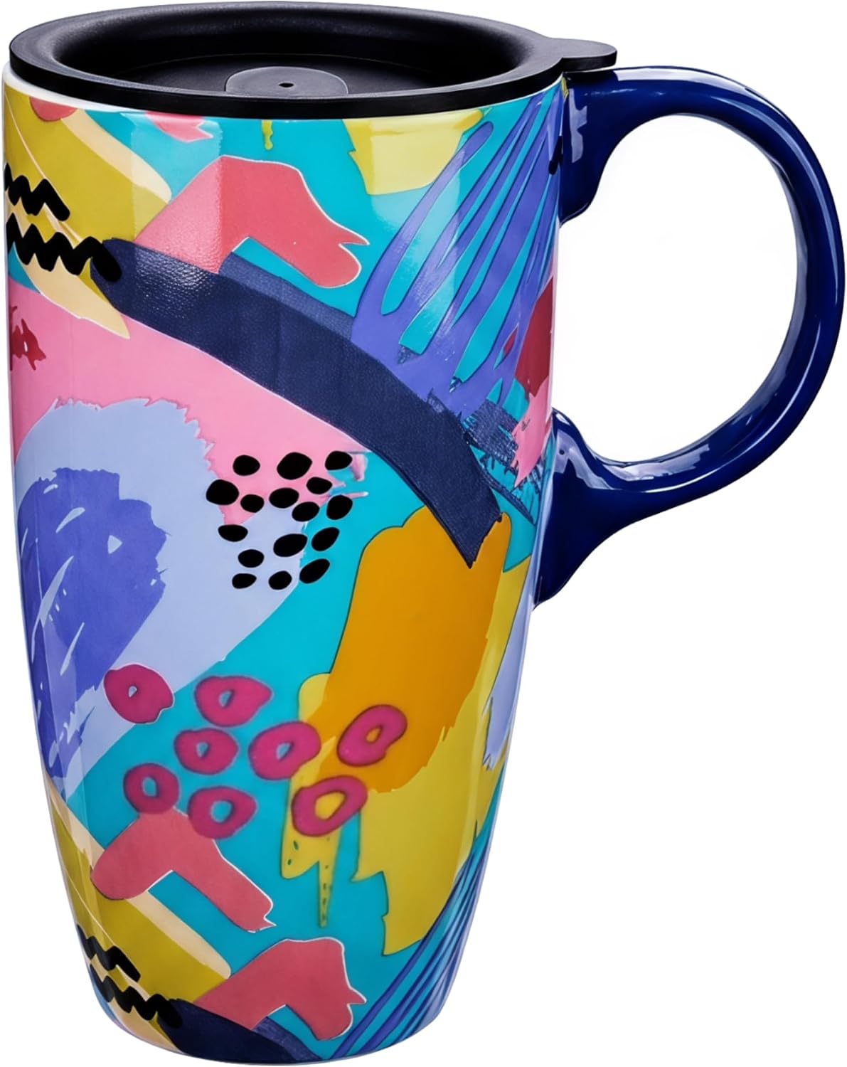 Topadorn 17oz Ceramic Travel Mug with Lid, Colorful Abstract Art Coffee Mug
