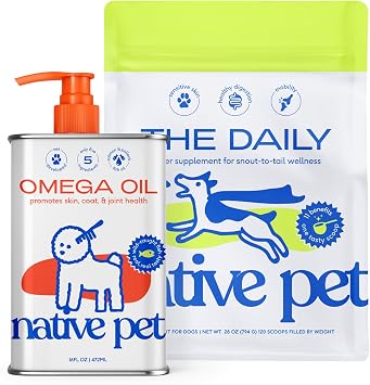 Native Pet Big Pack Leaders Bundle Omega Oil for Dogs 16 oz. & Daily Dog Multivitamin 120 Scoops - Omega 3 Fish Oil for Healthy Skin, Shiny Coat, Strong Joints & Daily 11-in-1 Multivitamin
