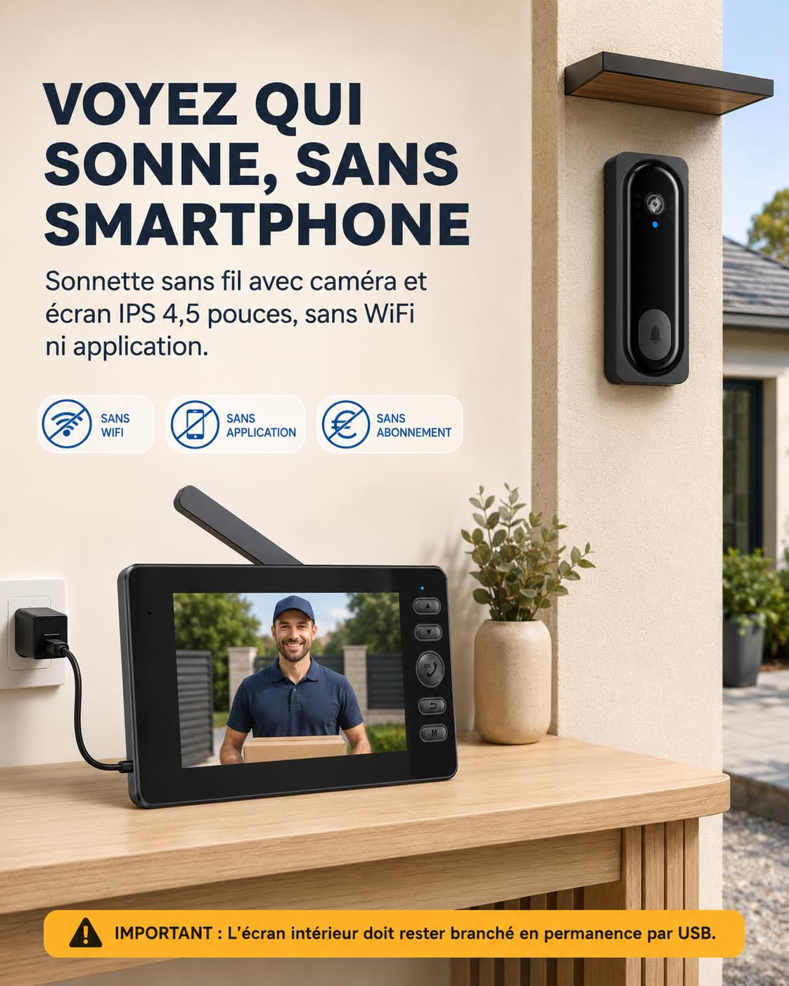 Sonnette Sans Fil Avec Caméra, 4,5" Interphone Vidéo Sans App Sans WIFI