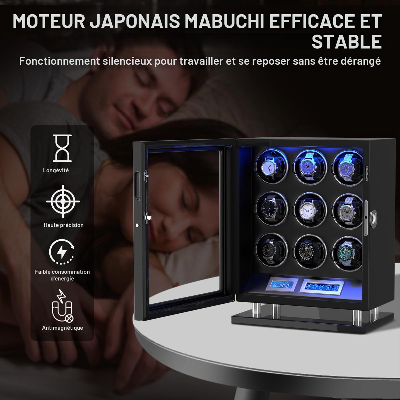 XTELARY Remontoir automatique pour montre 3/4/6/8//9/12 avec écran tactile LCD, télécommande, LED bleue, moteur silencieux et coussin de montre réglable pour homme et femme