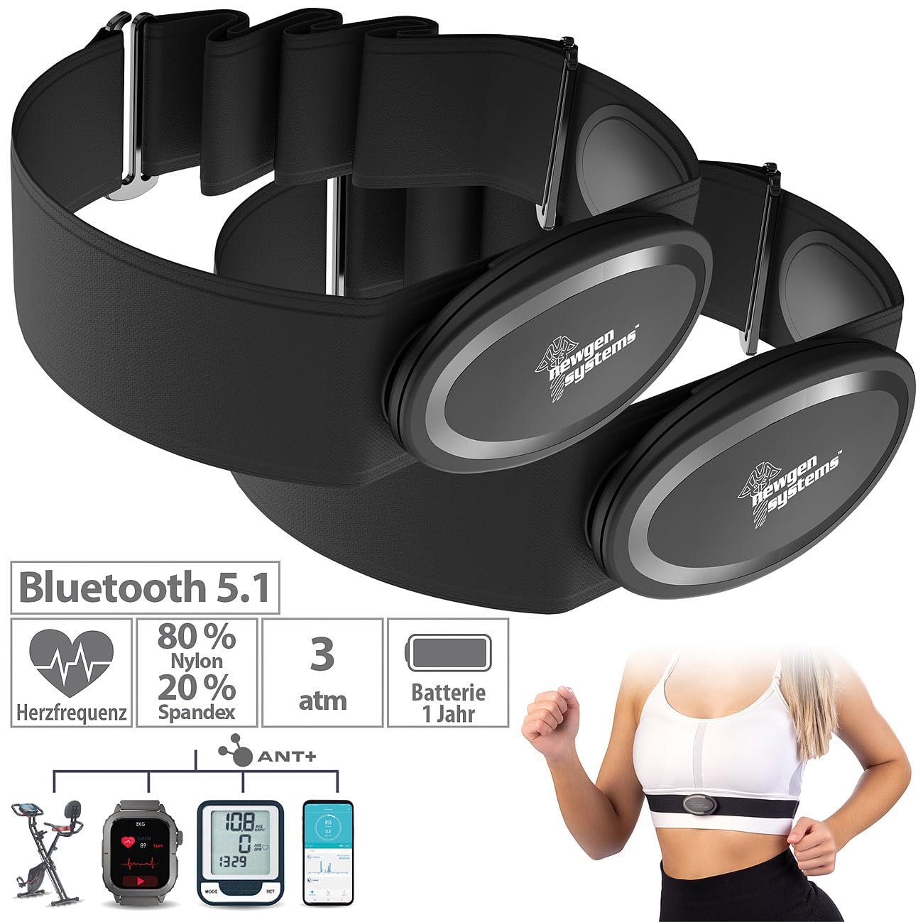 Newgen Medicals Pulsmessergurte: 2er Smarter Brustgurt mit Herzfrequenz-Sensor, ANT+ und Bluetooth (Sport-Herzfrequenz-Brustgurt, Herzfrequenzmesser-Brustbänder)