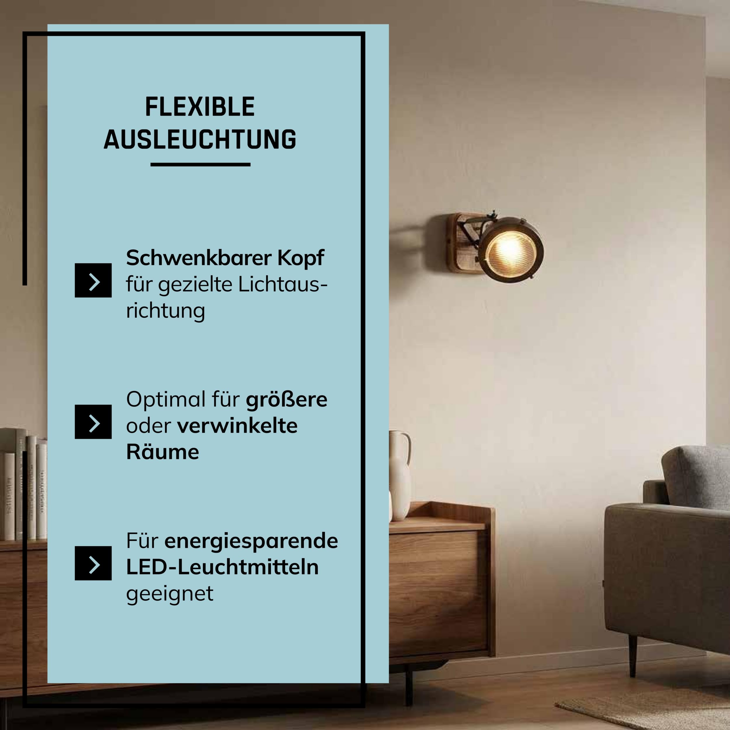 Lightbox rustikaler Wandstrahler mit ausgefallenem Retro Design | 12 x 12cm | Stylischer Wandspot für schönes Flair im Eingangsbereich | Material: Metall/Kiefernholz | Farbe: Braun/Stahlfarben