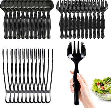 36 Pcs Plastic Serving Utensils Set, 9 Inch Heavy Duty Disposable Tableware, 12 Black Spoons + 12 Forks + 12 Tongs, Large Party Supplies for Buffet, Catering, Salad, Pasta and Soup