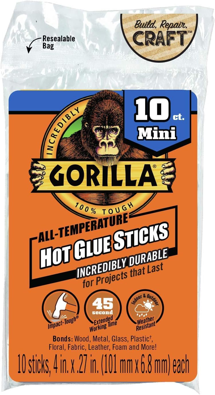 Gorilla Hot Glue Sticks, Mini Size, 4" Long x .27" Diameter, 10 Count, Clear, (Pack of 1)