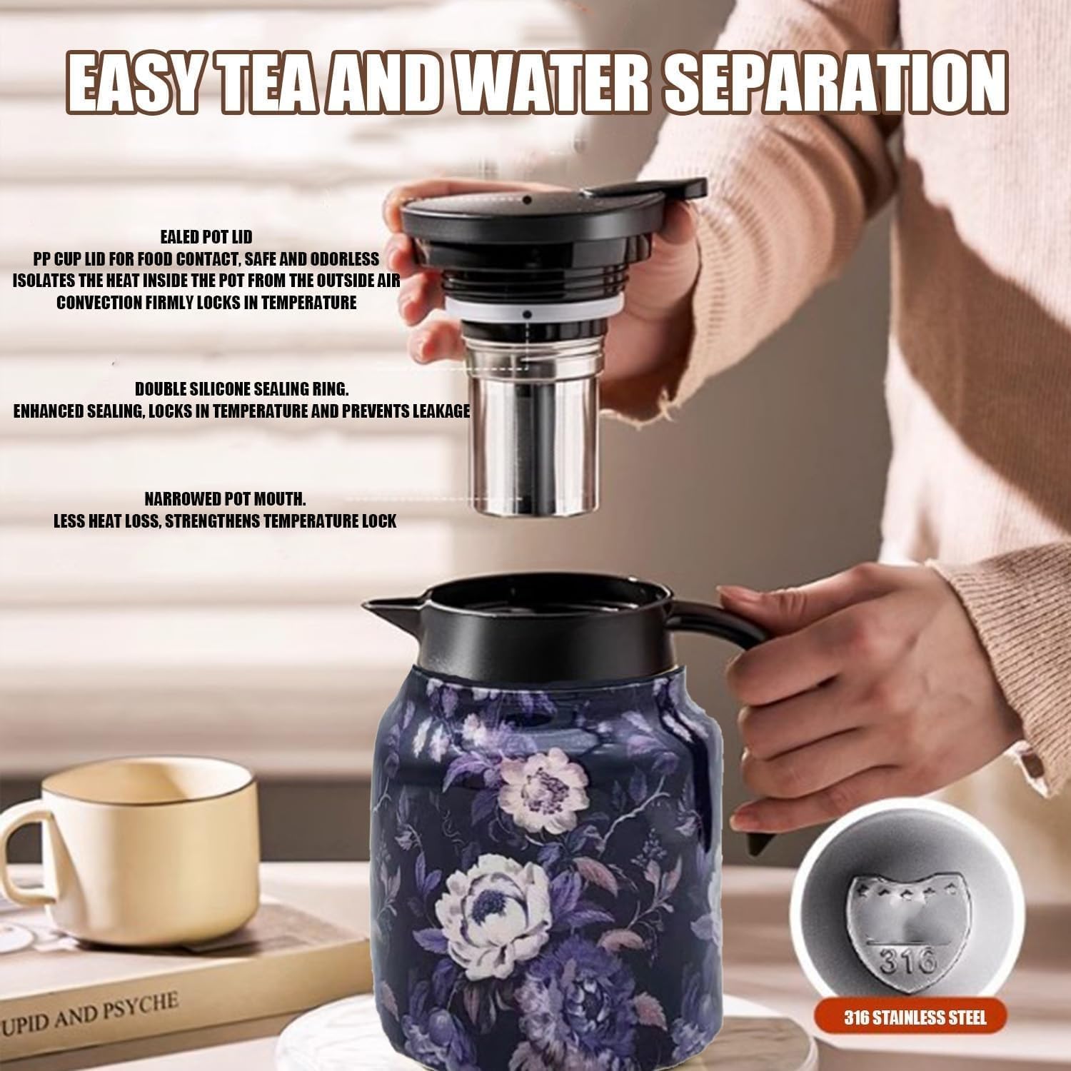 Infinite Tea Pot, Vintage Floral Pattern Tea Pot - Built-In Infuser, Infinite Stainless Steel Insulated Vintage Teapots for Hot Cold Drinks (Green)
