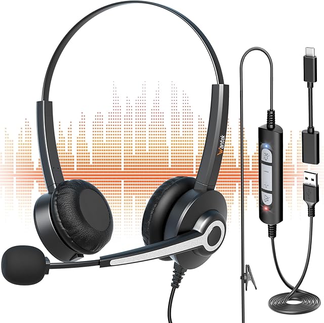 Wantek USB Headset with Microphone for Laptop,Ultra Clear Call PC Headset with Noise Cancelling Microphone and In Line Controls,Ultralight Headsets with Adjustable Headband for PC Compute,Desktops