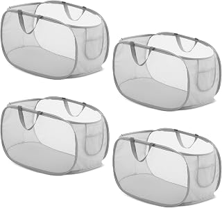4-Pack Collapsible Laundry Baskets, Pop-Up Hamper with Pocket, Foldable Mesh Hamper for Dirty Clothes; Easy to Open and Fold for Laundry, Bedroom, Bathroom, Dorm, Travel, and Camping (Grey)