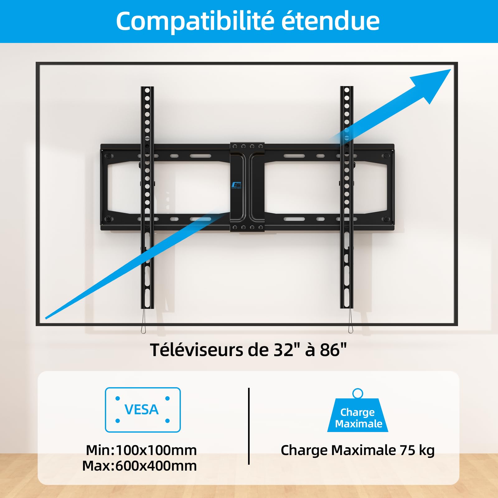 Home Vision HV9601 Support Mural inclinable et Robuste pour téléviseurs Plats/incurvés de 32 à 85 Pouces, capacité de 75 kg, VESA Max 600 x 400 mm, Profil Bas, Universel, Compatible avec la Plupart