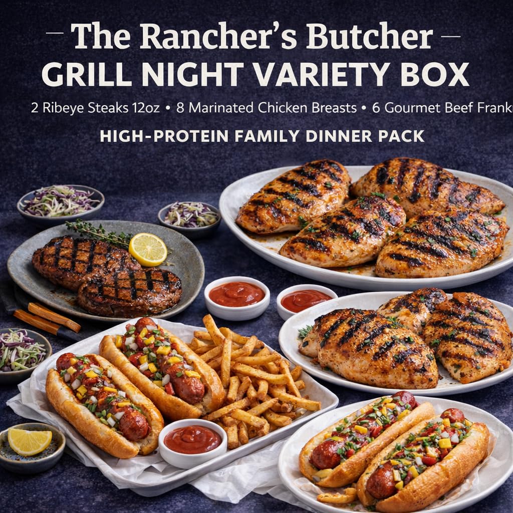 Rancher’s Butcher Grill Variety Box – Ribeye, Chicken & Beef Franks | High-protein frozen assortment, premium butcher-quality cuts, individually sealed for freshness and convenient meal prep