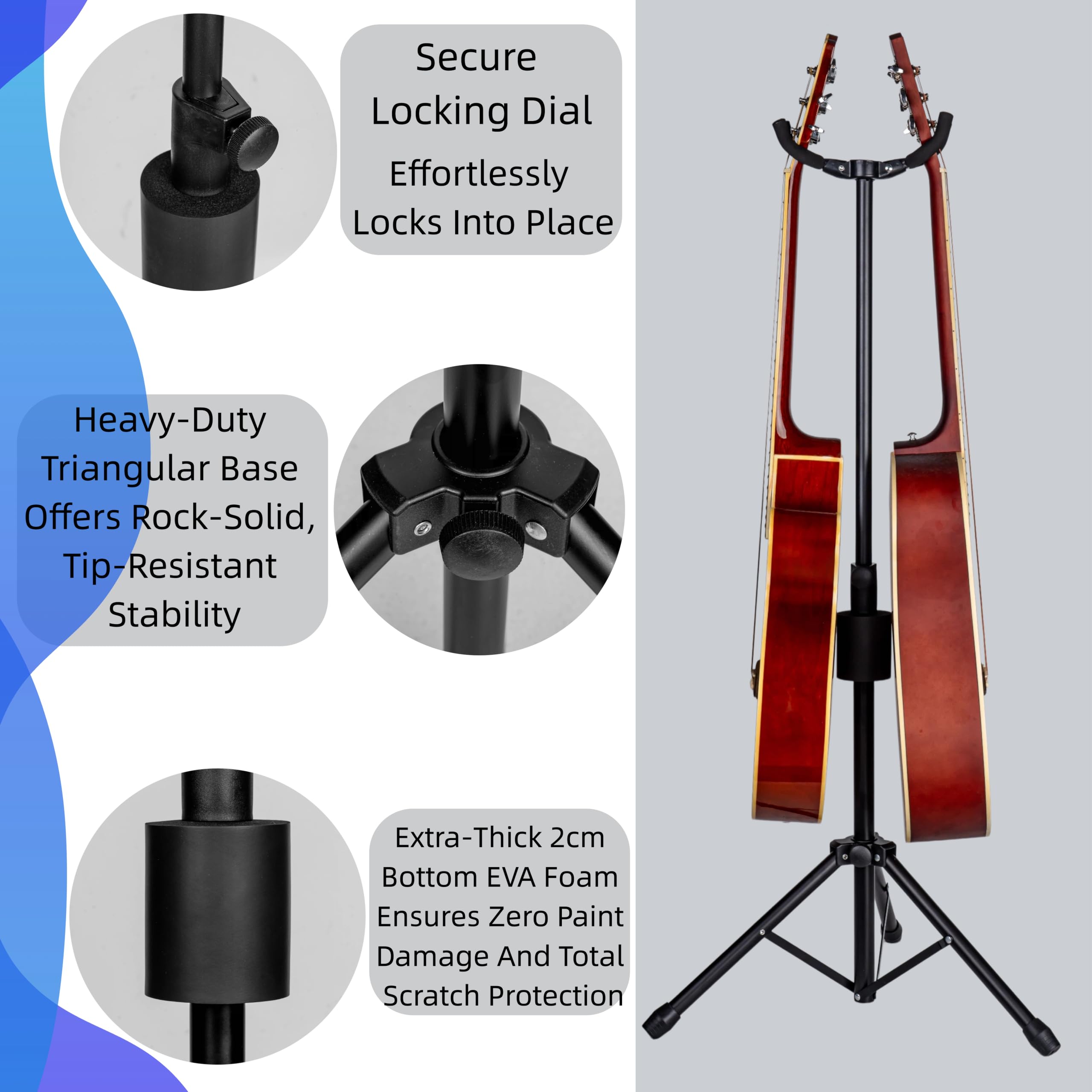 Double Guitar Stand, Portable Tripod Adjustable 2 Guitar Stand Floor for Acoustic, Bass & Electric, Dual Folding Stand for Banjo with Strap & Picks