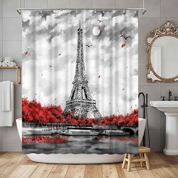 Eiffel Tower Bathroom Curtain Black White Red Shower Curtain Romantic European Paris Bathroom Decor with 12 Hooks 72''x72'' (Red)