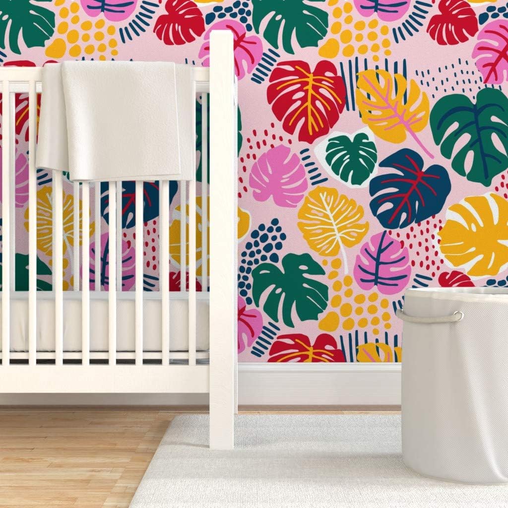 Removable Wallpaper 3ft x 2ft - Bohemian Paradise Monstera Pink Leaves Palm Colourful Bright Plants Tropical Boho Rainforest Custom Pre-Pasted Wallpaper by Spoonflower