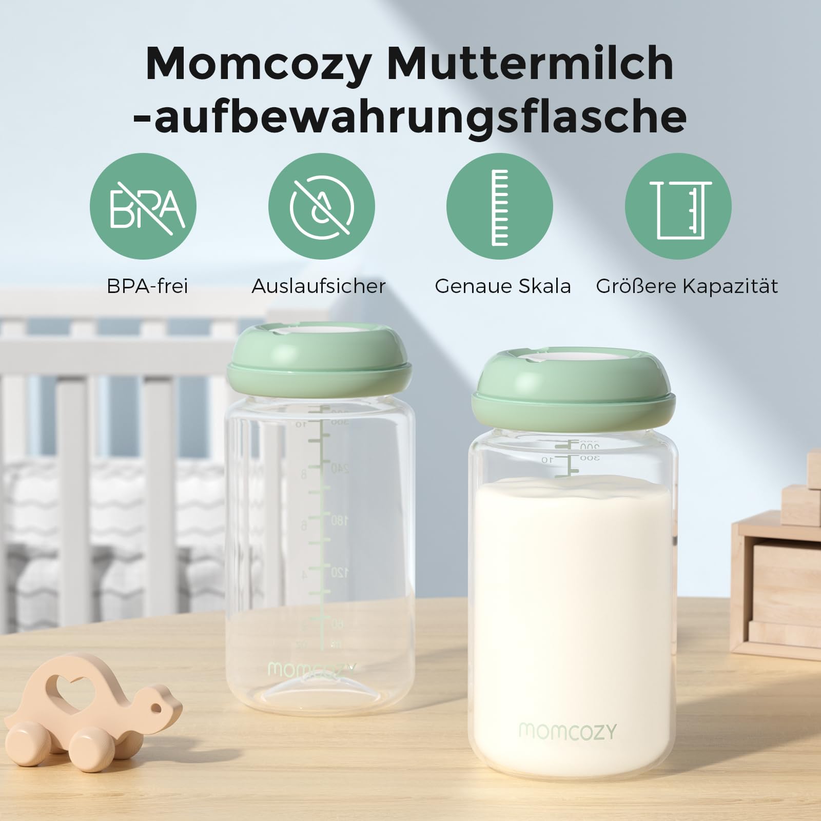 Momcozy Natürliche Baby Bottle Muttermilch Bewahrung, 330ml Breitmaul-Muttermilch-Aufbewahrungsflasche für Kühlschrank & Momcozy Muttermilch-Kühler, BPA-freie Milchsammelflaschen, Stillhilfe, 4er Pack