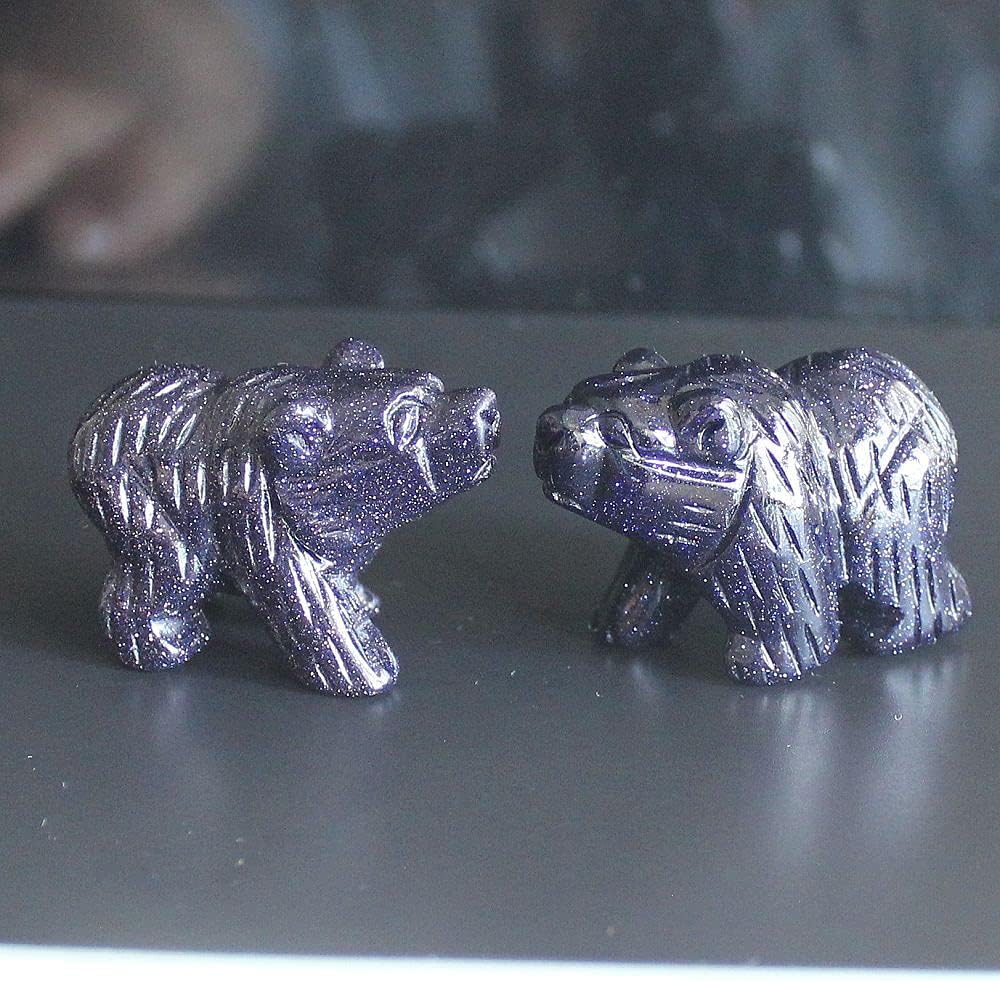 1.5'' Hand Carved Mixed Gemstone Crystal Bear Figurine Animal Statue Carving Desktop Home Decor (Blue Goldstone) image 3