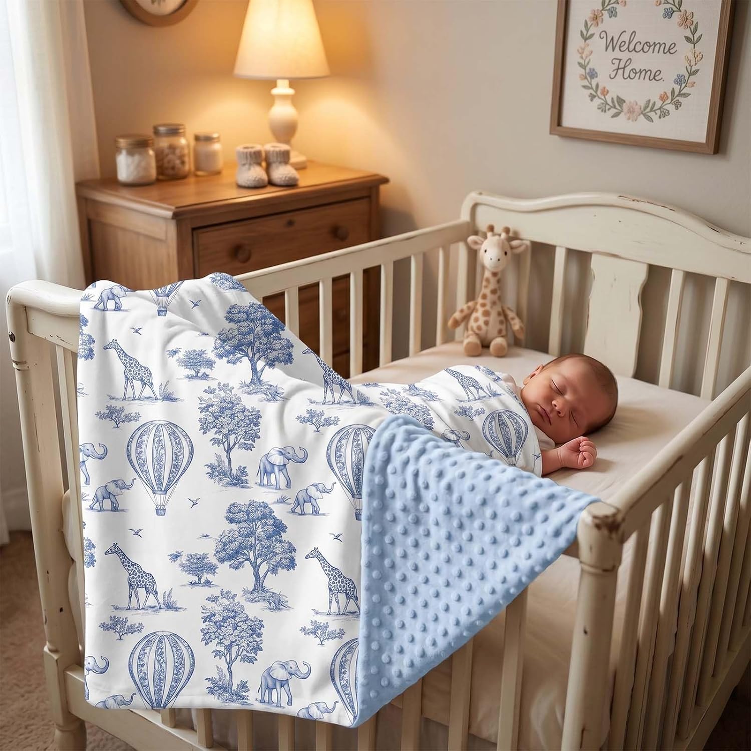 Blue Toile de Jouy Baby Blanket for Boys & Girls, 30x40 Inch Safari Animals Toddler Soft Minky Blanket with Double Layer Dotted Backing, Nursery Bedding Swaddle for Newborns Receiving Blanket