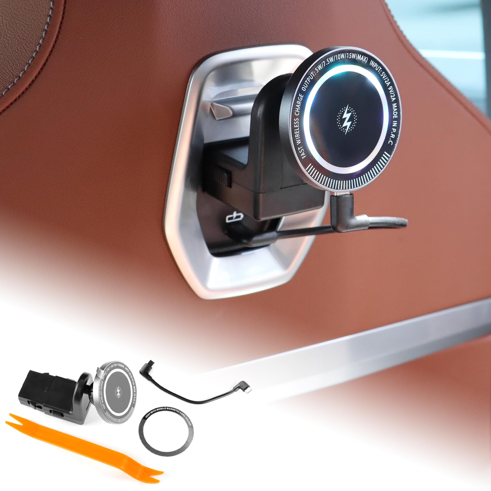 KUNGKIC for Car Headrest Tablet Holder for BMW X3 X5 X6 I20 G05 G06 G45 G60 G61 G70 Adjustable Tablet Car Mount for Back Seat Road Trip Essentials Black (Wireless Charging Pad with Light)-image-41