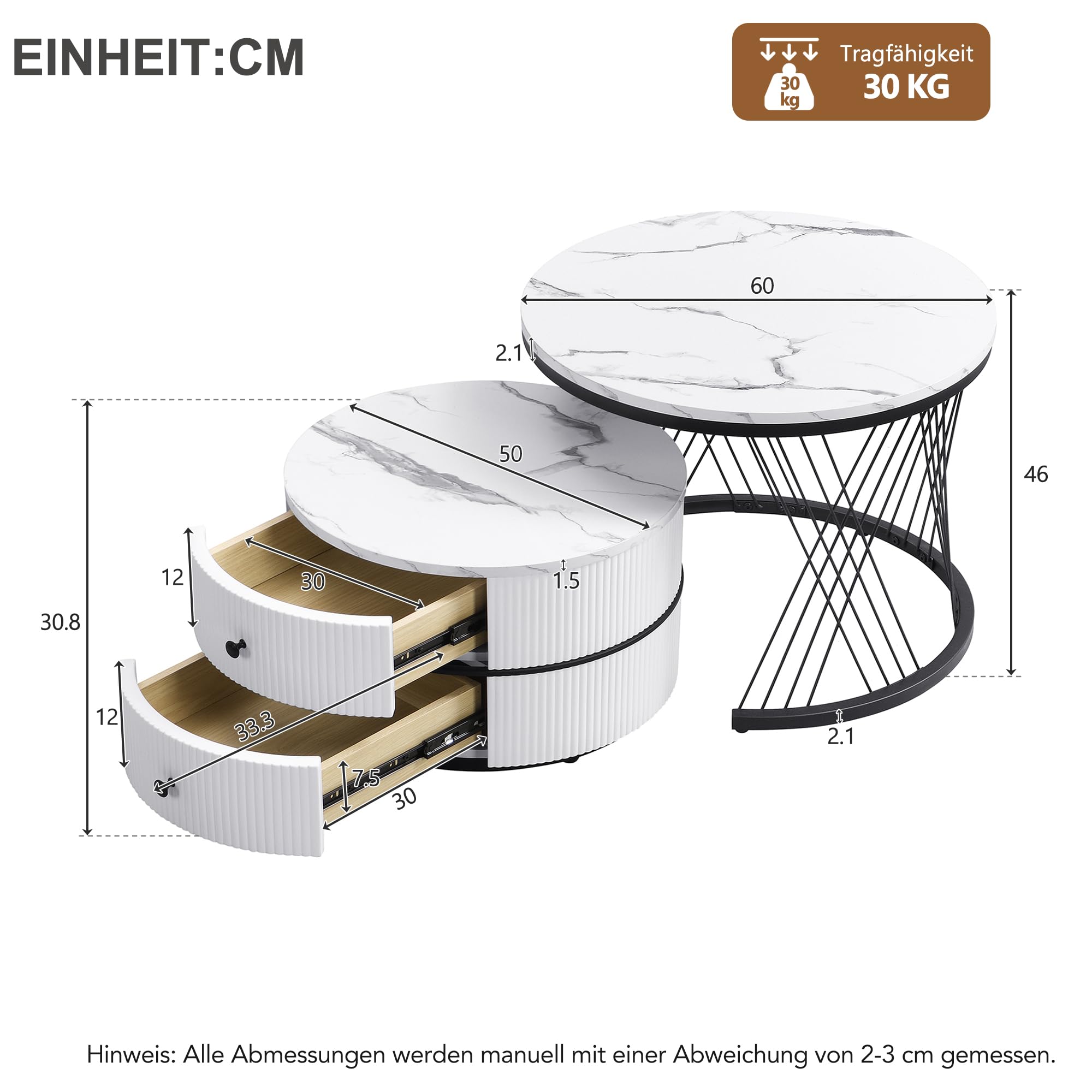 Couchtisch 2er Set, Couchtisch Rund mit Stauraum, Wohnzimmertisch, Schwarzrahmen 60x60x46cm und 50x50x31cm
