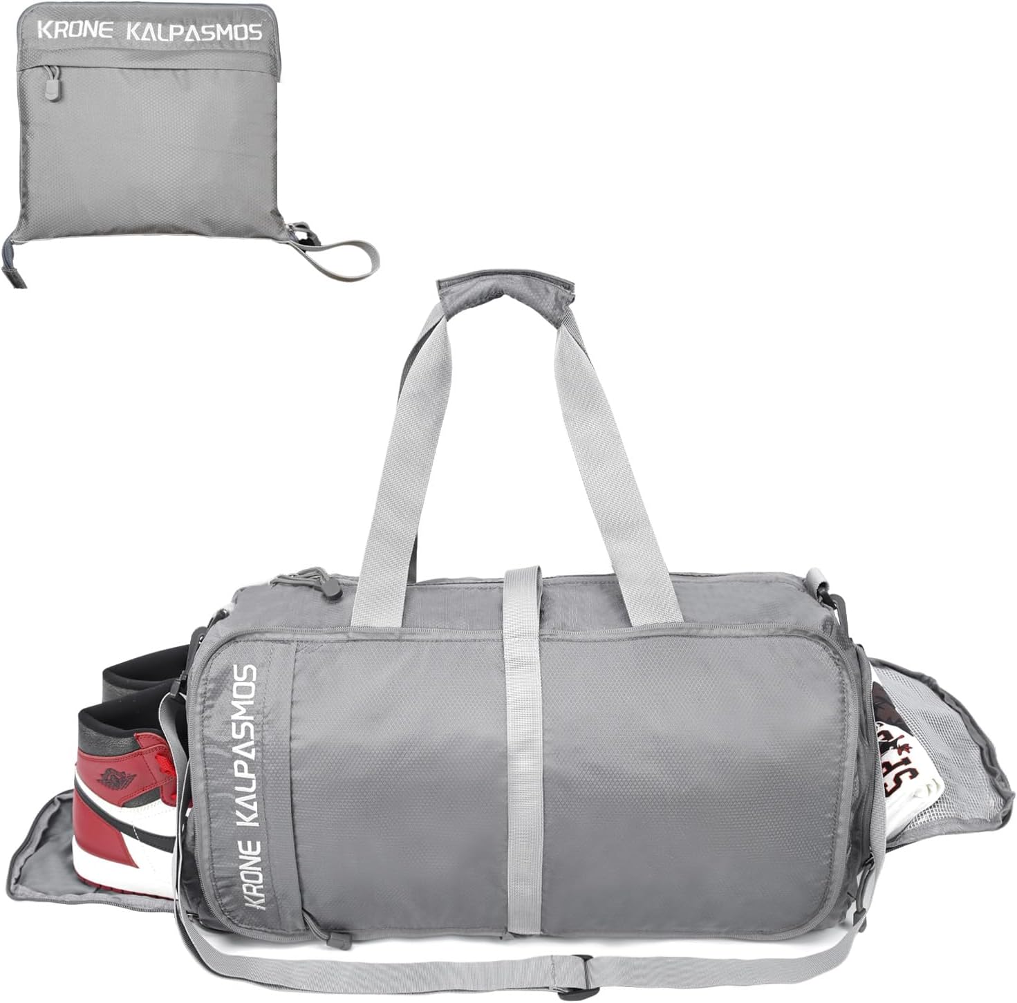 Gym Bag with Shoe Compartment โ Packable Duffle Bag, Small Gym Bag for Women and Men, Foldable Waterproof Sports Duffel for Travel, Workout, and Sneakers, Grey