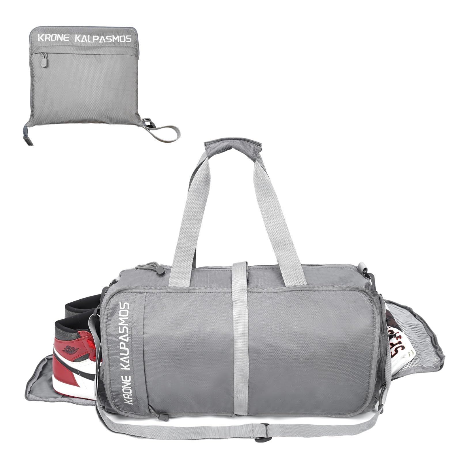 Small Gym Bag – Packable Duffle Bag with Shoe Compartment, Lightweight Sneaker Bag for Men and Women, Foldable Waterproof Sports Duffel, Grey