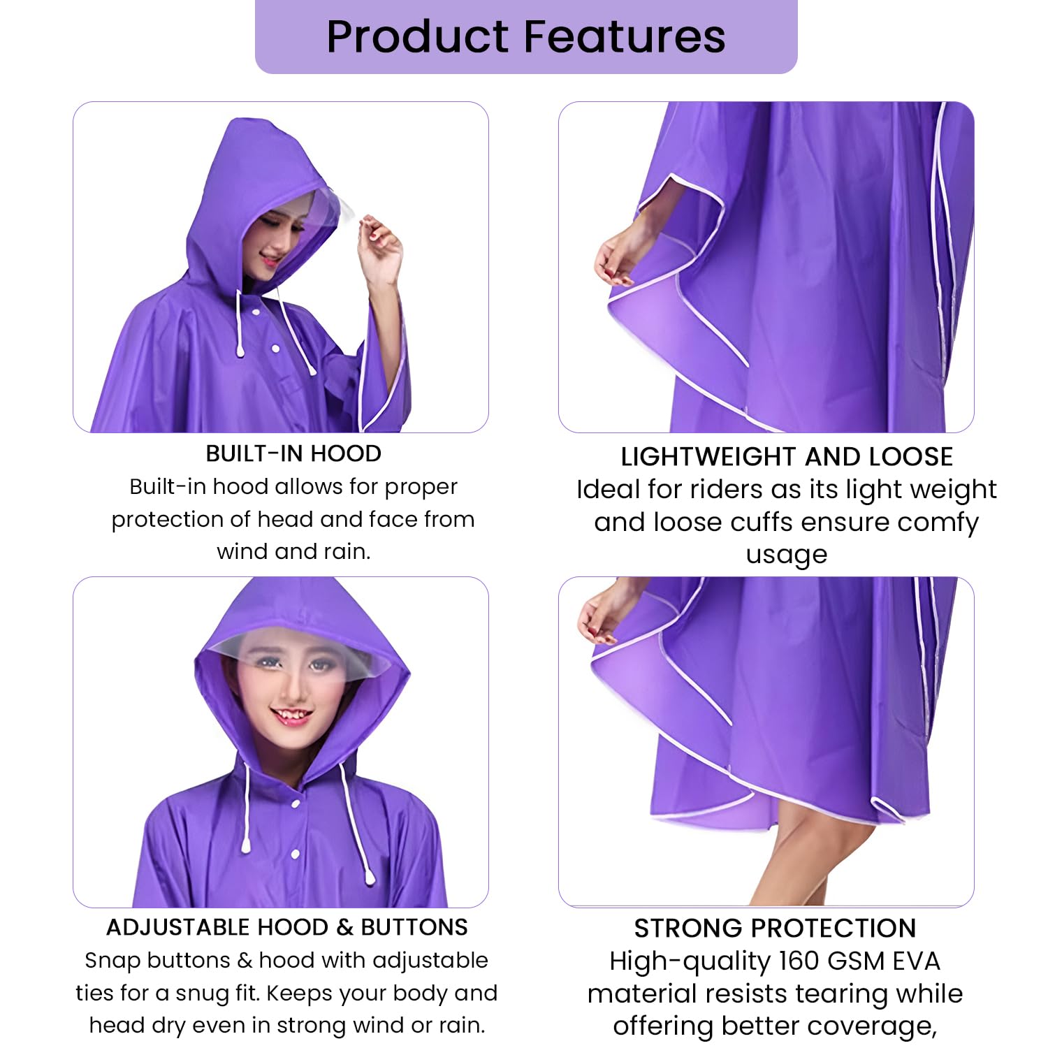 HACER EVA Raincoat Poncho 160 GSM with Adjustable Hood Full Sleeves Knee Length Universal Size Waterproof Outdoor Rainwear for Women Camping Trekking Hiking (Pack of 1, Purple) 2