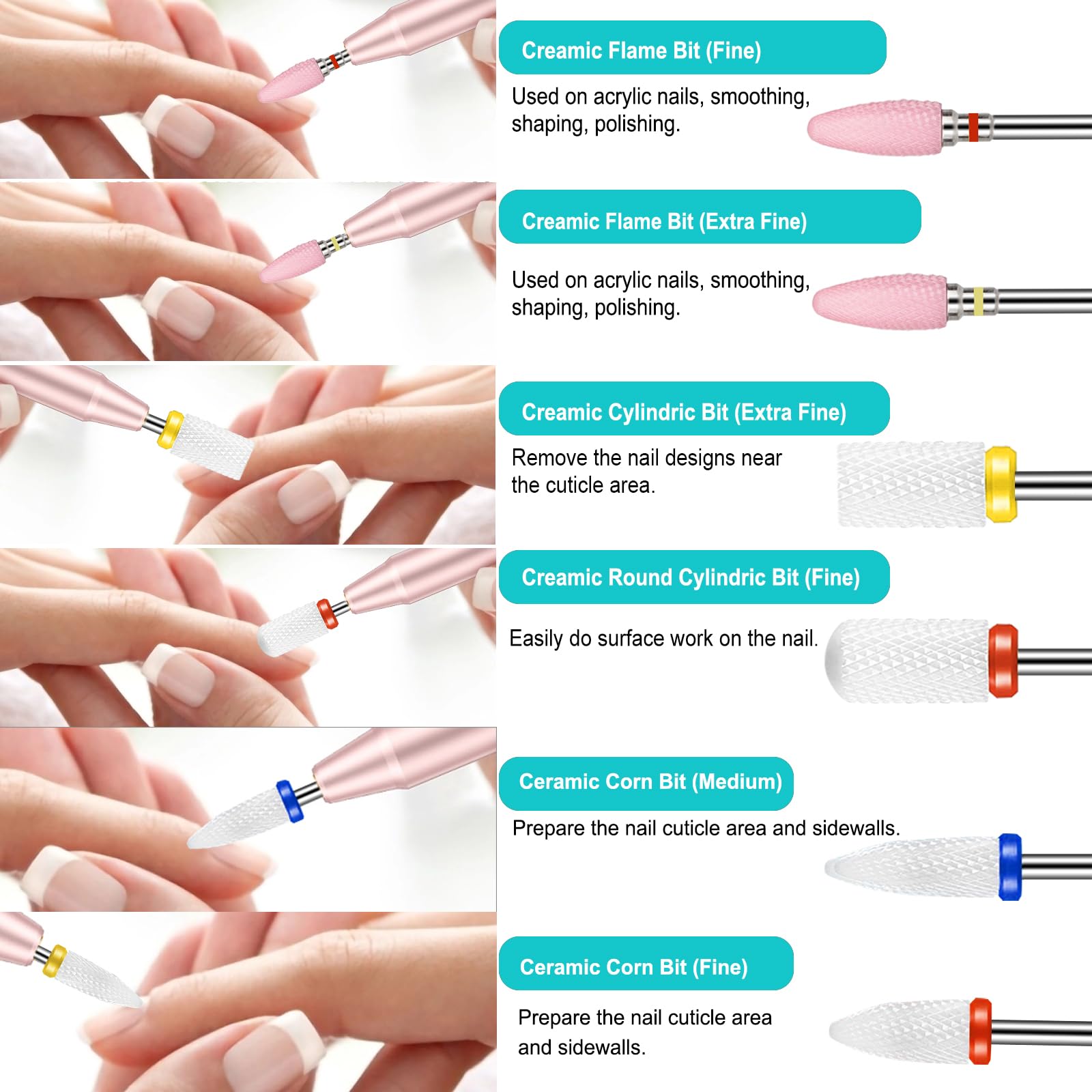 Juego de 30 brocas para taladro de uñas, de cerámica de tungsteno, puntas para fresa de uñas con soporte para taladro de uñas, profesional para manicura, pedicura, uñas acrílicas de gel