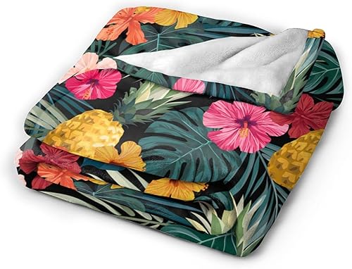 Miniatura 2 de Perinsto Manta de vellón con diseño de hojas de palma, hibisco, flores hawaianas, ultra suave y cálida para todas las estaciones, piñas tropicales,