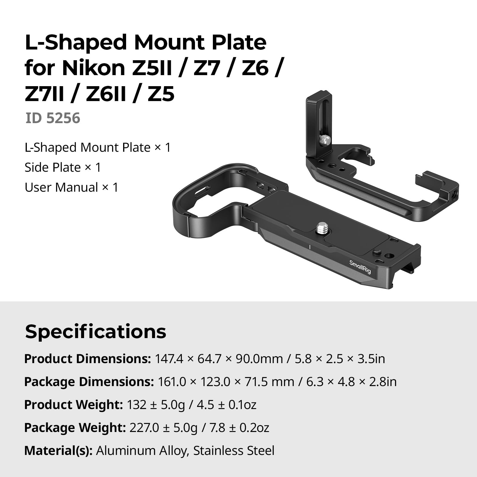 SMALLRIG Supporto L per Nikon Z5 II, Z5, Z6, Z6II, Z7, Z7II, piastra L ARCA-Swiss, interfaccia QD, fori 1/4"-20, attacco flash, fessure cinghia - 5256
