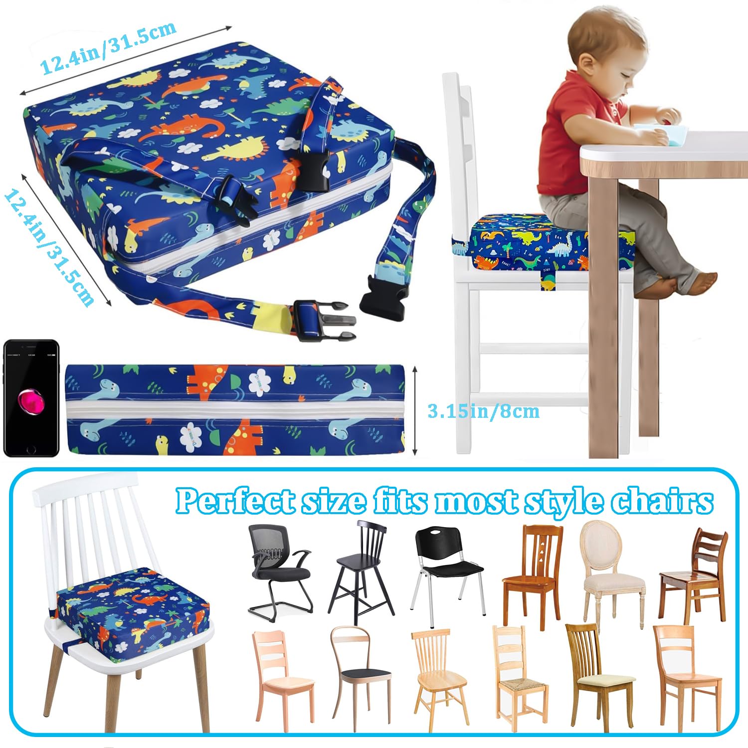Asiento elevador para silla de comedor, desmontable, lavable, cojín creciente con 2 correas ajustables, hebilla de seguridad, parte inferior antideslizante, almohadillas para sillas de comedor de