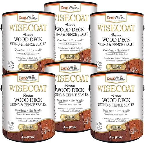 DeckWise WiseCoat - Sellador impermeable transparente para cubiertas, revestimientos y cercas de madera dura (paquete de 6, 1 galón cada uno)