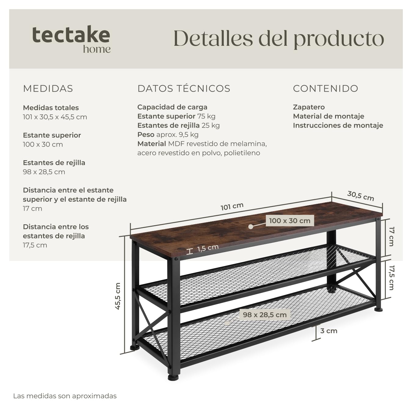 TecTake® Zapatero Madera, Zapatero Entrada Recibidor, Estanteria, Organizador Zapatos,Recibidores de Entrada, Mueble Recibidor, Muebles - 101 x 30,5 x 45,5 cm Madera Industrial Oscura, Rústica