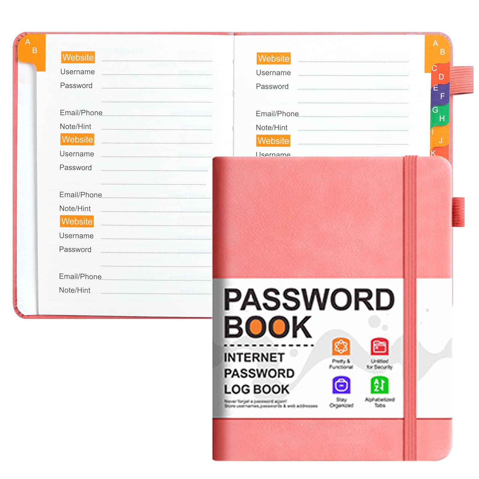 KAFENDA Password Book with Alphabetical Tabs, Address Book for Website Logins, Pocket Size 6.1" x 4.9", PU Leather Hardcover (Pink)