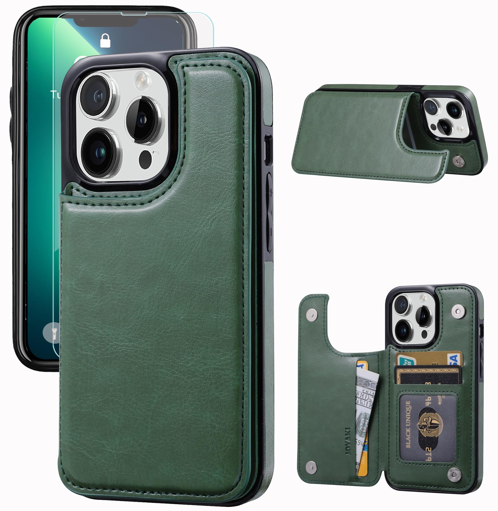 JOYAKI Wallet Case Compatible with iPhone 13 pro 6.1",Slim Protective case with Card Holder, PU Leather Kickstand Card Slots Case with a Free Screen