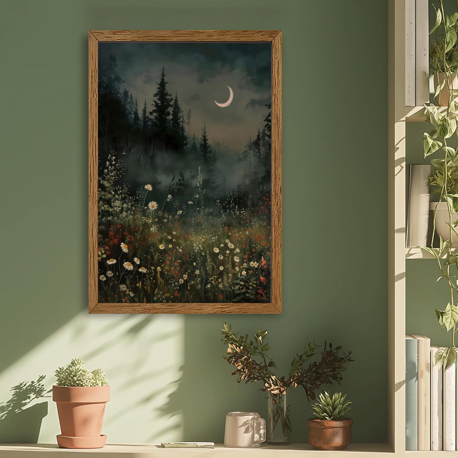Urmoya Vintage Moonlit Forest Of Flowers Canvas Wall Art, Moon Forest Wildflower Gothic Wall Decor, Landscape Aesthetic Art Prints For Living Room Bedroom 16x24 inch Wood Framed Ready to Hang