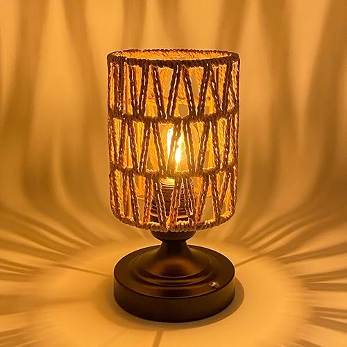 Cordless Rechargeable Table Lamps Night Light Desk Lamp, Battery Operated Farmhouse Table Lamp Boho Rattan Shade Stepless Dimmable for Outdoor Patio, Living Room, Bedroom (Bulb Included)