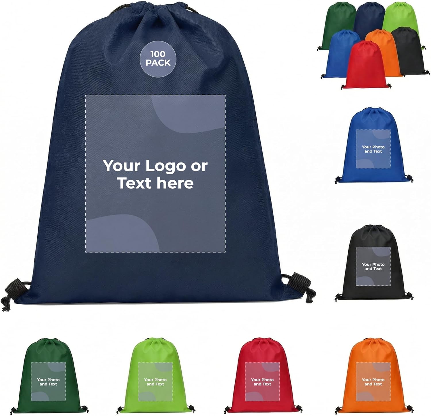 Custom Drawstring Backpacks with Logo or Text, Pack of 100, Royal Blue, Water-Resistant, Personalized Promotional Bags for Branded Giveaways, Corporate Events, Trade Shows, Conferences