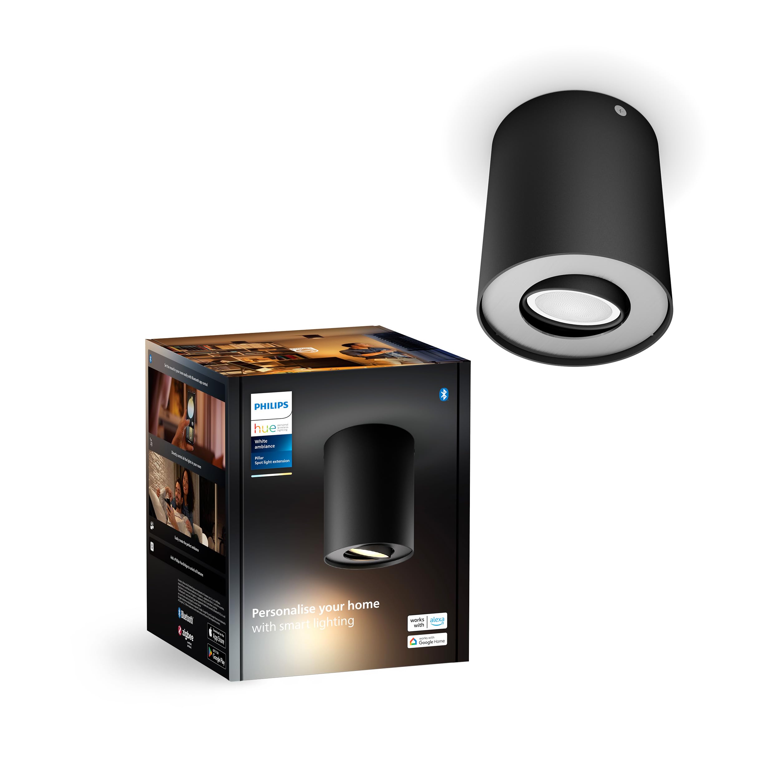 Philips Hue White Ambiance Pillar 1er Spot Erweiterung, inkl. GU10 LED-Lampe, steuerbar via App, kompatibel mit Amazon Alexa (Echo, Echo Dot), schwarz, neue Generation