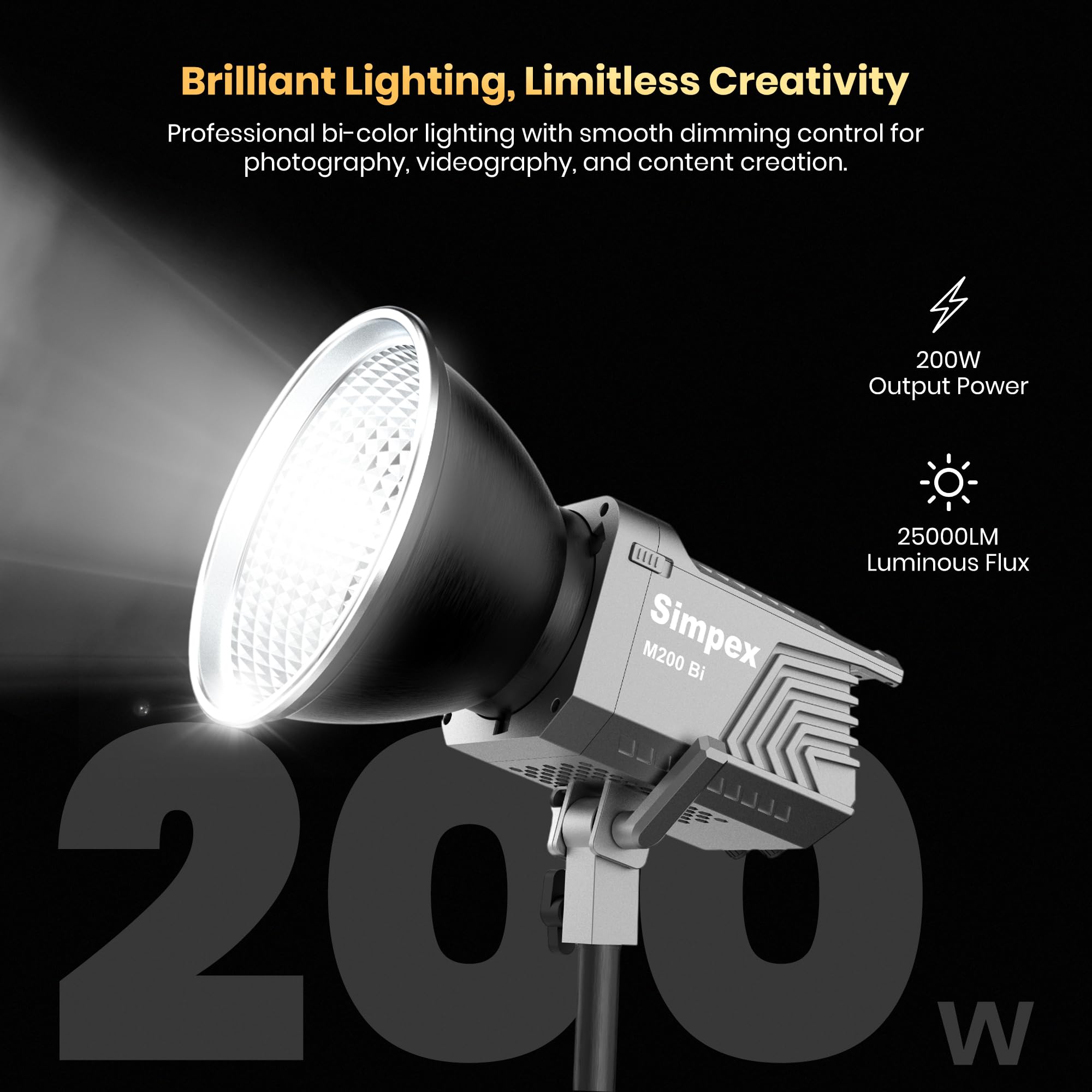 Simpex M-200Bi, 200W Dual Color Continuous LED Light with 18CM Reflector & Infrared Remote, AC Power, 2700K-6500K Color Temperature Control, Huge Display,CRI-95 Plus, Ideal for Video Shooting(Black) — Amazon image 3