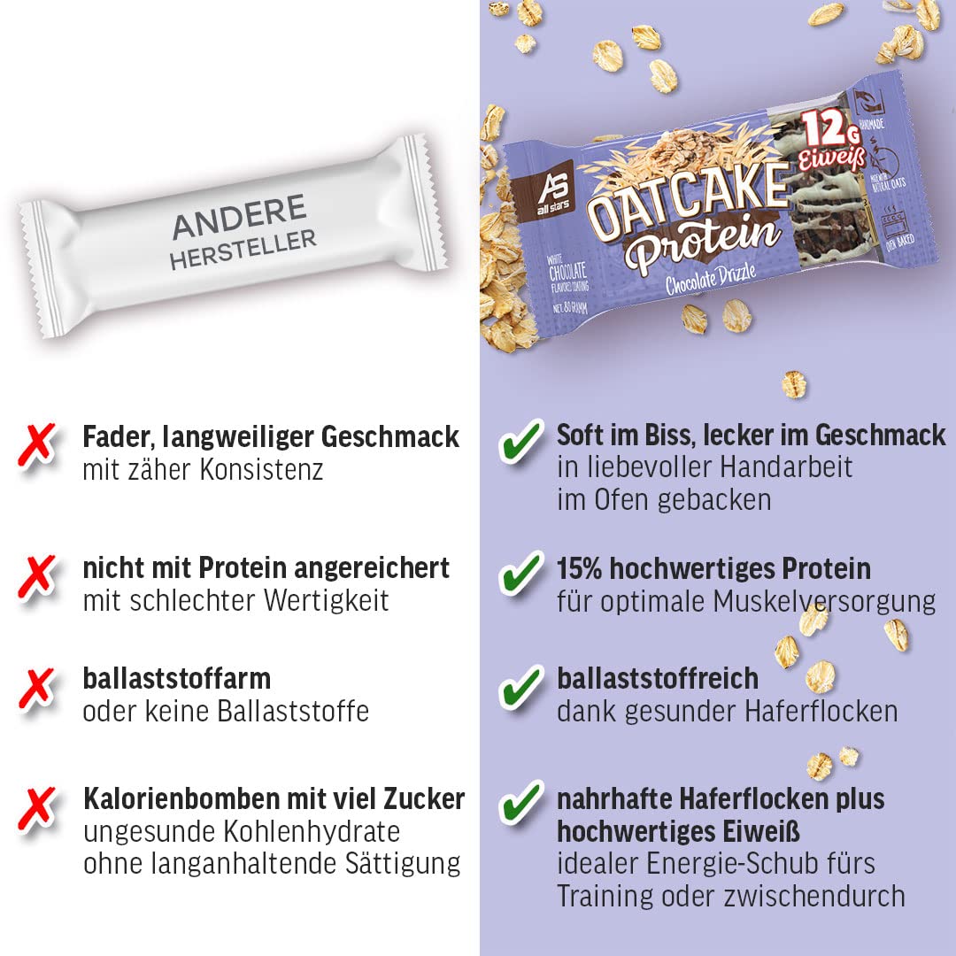 All Stars Oatcake Protein Bar Chocolate Drizzle I 12 Eiweiß-Riegel je 80g I Hafer-Riegel inkl. 12g Whey-Protein I Energy-Riegel mit hochwertigen Kohlenhydraten I süßer Müsli-Riegel super sättigend