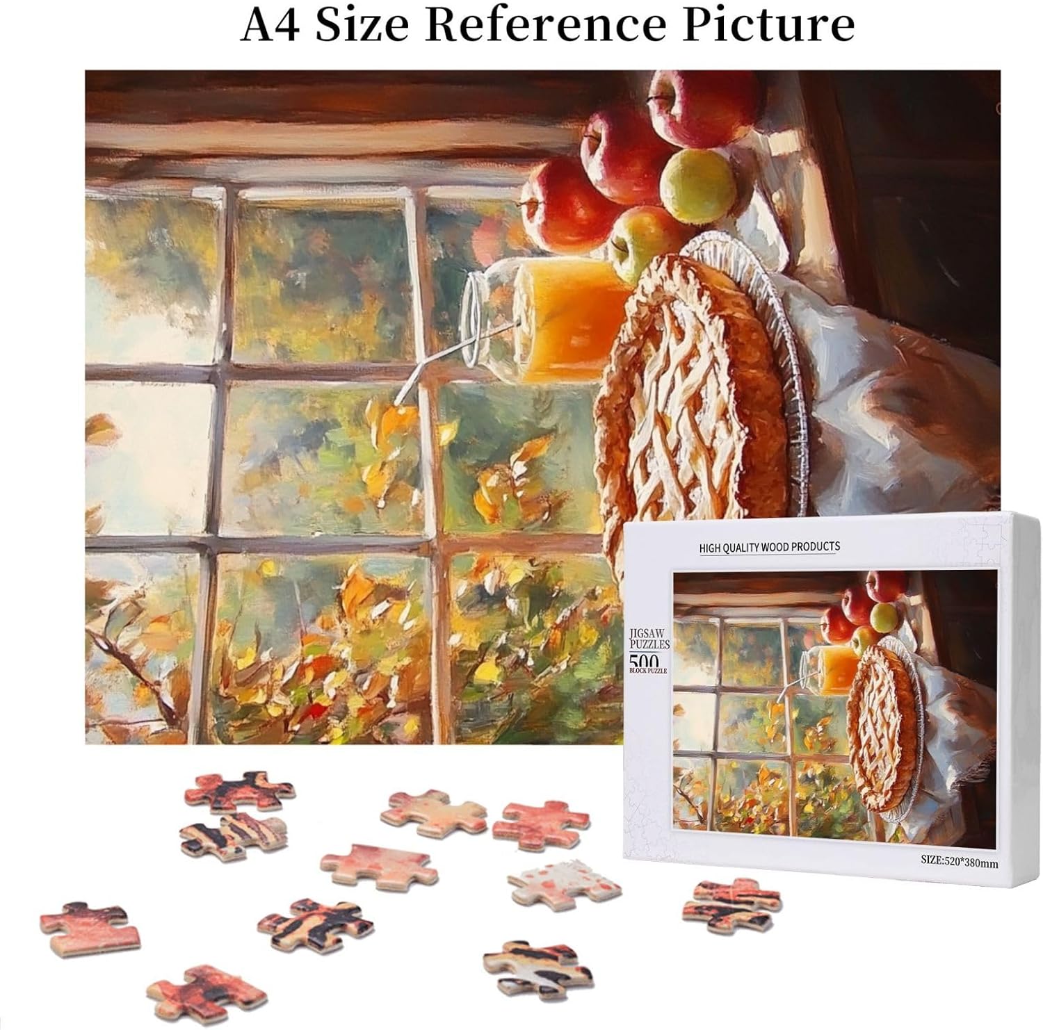 Apples Pie by The Window，500 Piece Adults Wooden Jigsaw Puzzle，Energetic Fall-Themed Recreational Games，Puzzles Suitable for Entertaining with Family During Holidays