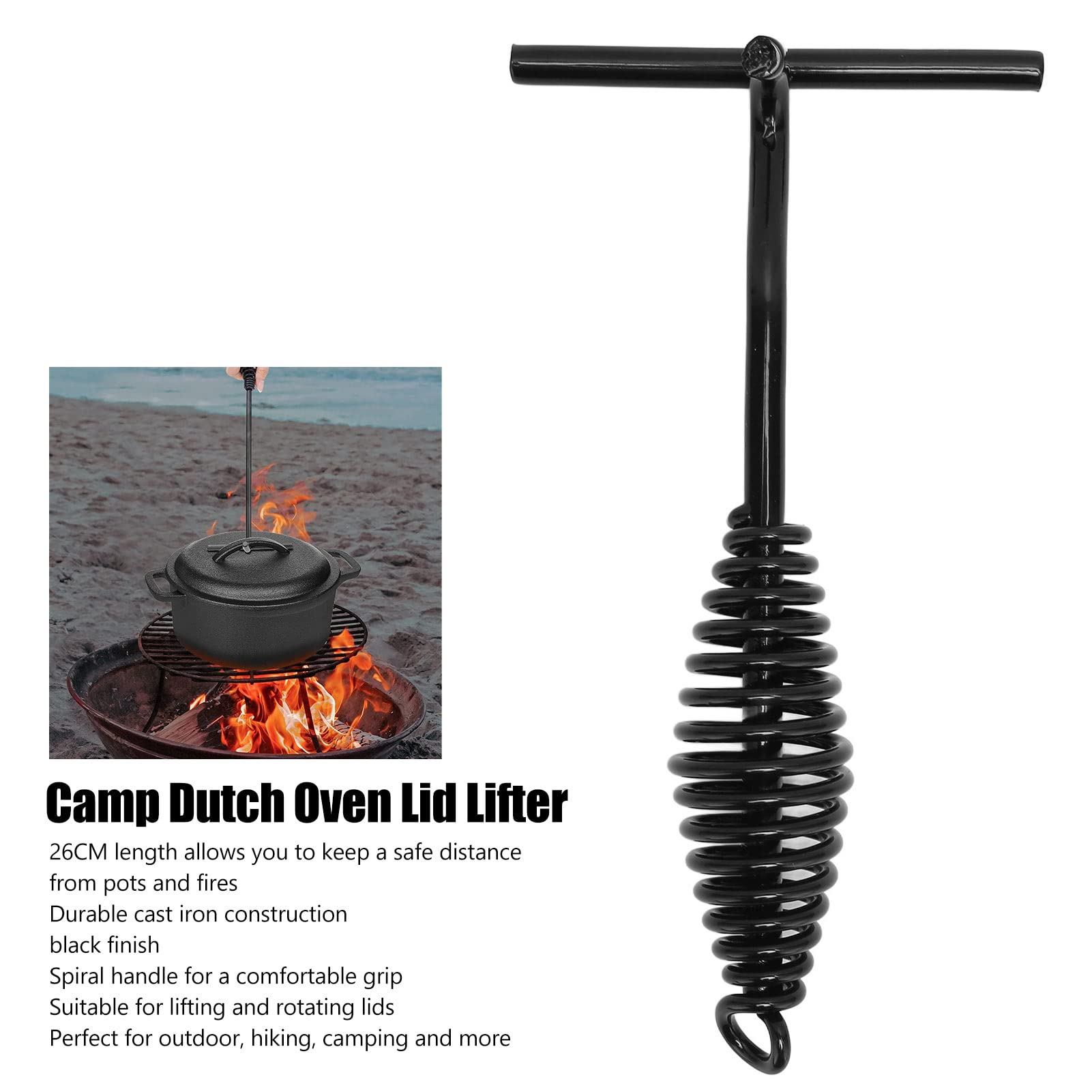 Dutch Oven Lid Lifter, 26cm Cast Iron Black Camp Dutch Oven Lid Lifter with Spiral Bail Handle Hot Lids Lifter for Lifting and Carrying Dutch Ovens Lids