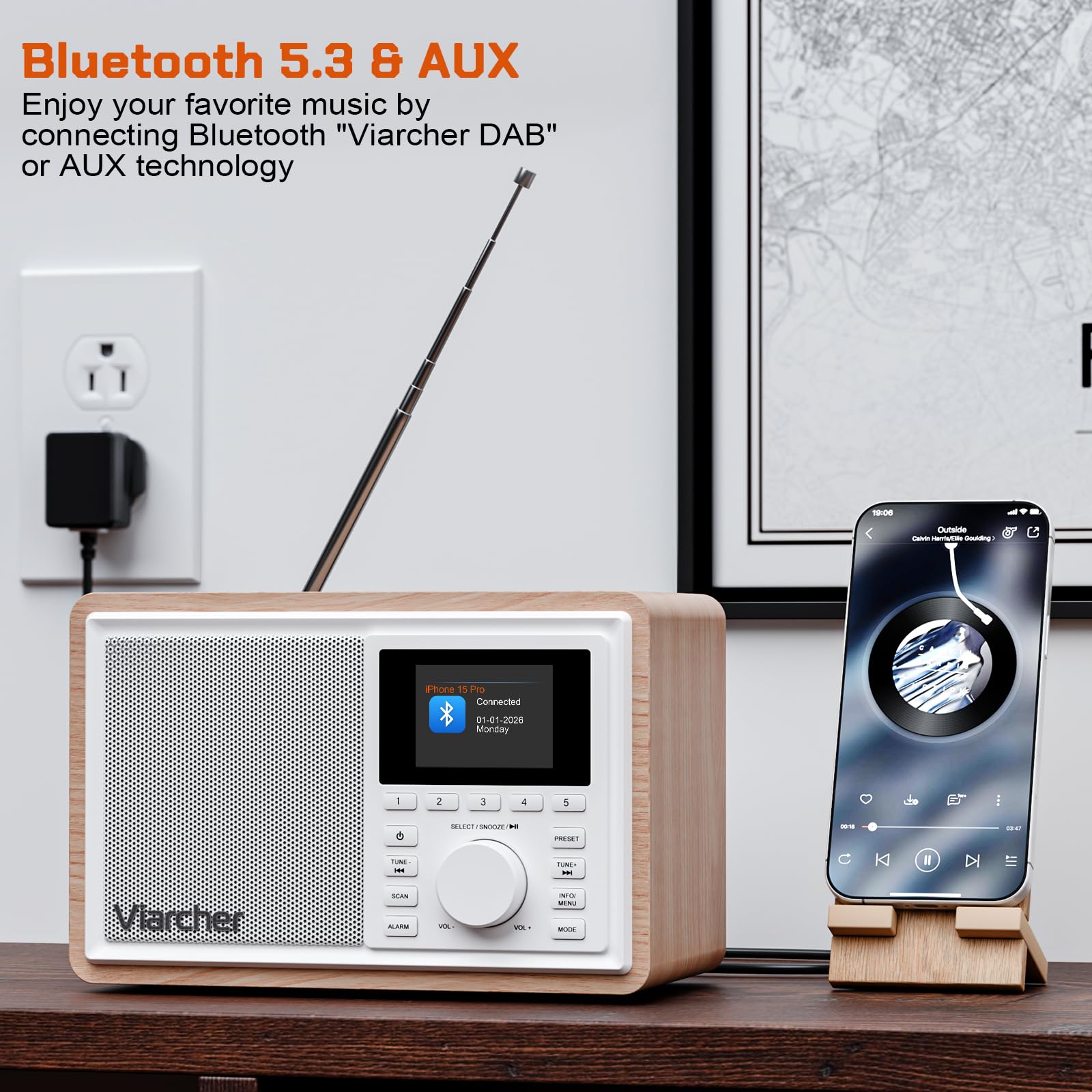 Radio numérique Dab/Dab+ & FM avec Bluetooth, Double Alarme, minuterie de Veille, 60 préréglages, entrée AUX, Prise Casque, écran Couleur 2,4'', Radio de Cuisine, Blanc/chêne