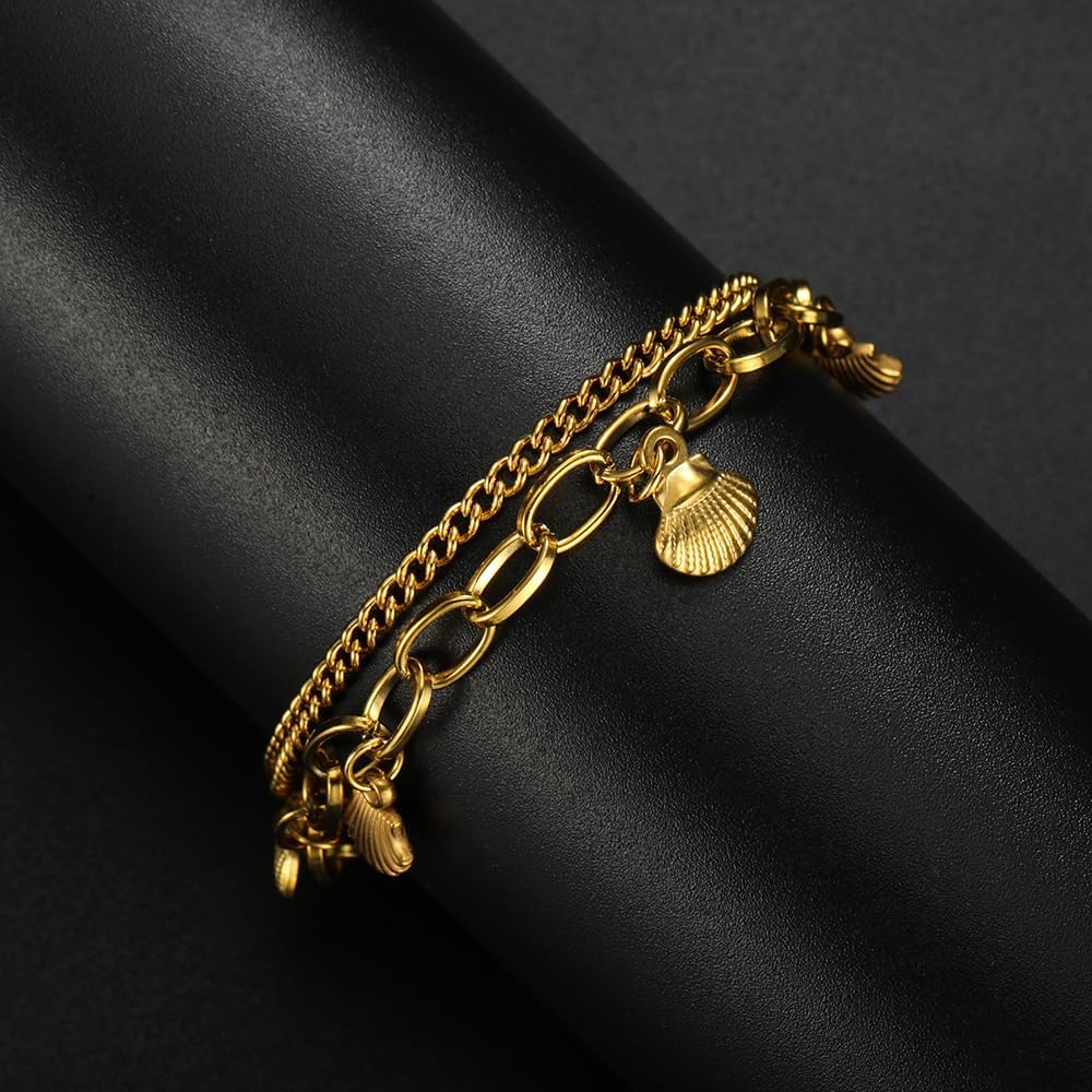 Shell Paperclip Chain Bracelet Dainty Bangle Adjustable Layered Stainless Steel Fashion Stack Bracelets Anklet Popular Minimalist Charm Jewelry Present Gift for Women Girls - Image 5