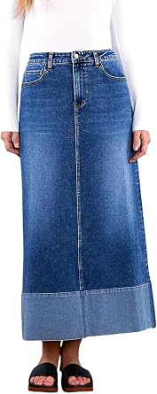 Womens Casual Slit Denim Midi Jean Skirt Stretch Frayed with Pockets